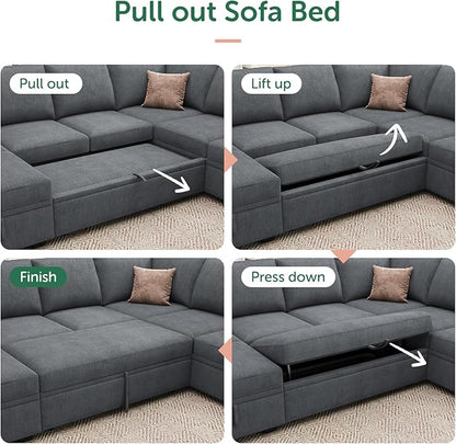 HONBAY Modular Sectional Sleeper Sofa with Pull Out Bed, Chenille L Shaped Couch with Storage Seats, Convertible Sectional Couches for Living Room, Bluish Grey