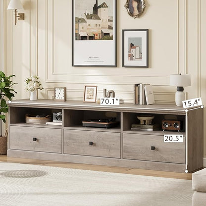 GarveeHome TV Stand for 65/70/75 Inch TV, Entertainment Center with Storage Drawer, Mid-Century Modern TV Console with Open Shelves, 70in Media TV Cabinet for Living Room, Bedroom, Gray