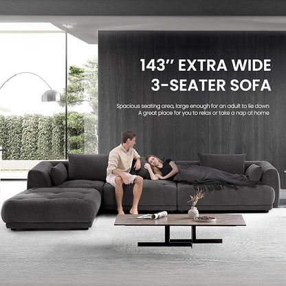 COLAMY 144" Modular Sectional Chenille Couch with Ottoman, Cloud Sectional Sofa Set with Ottoman,for Living Room(Gray)