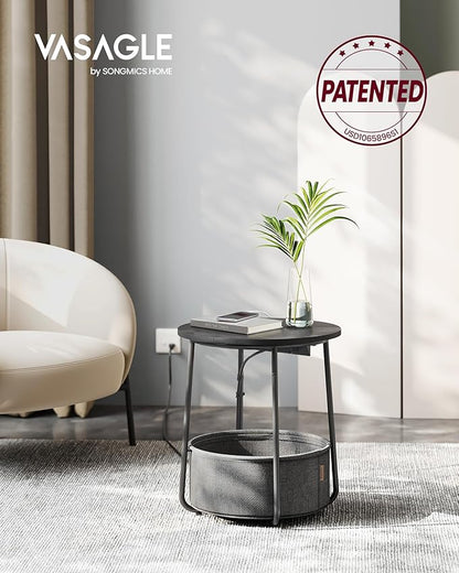 VASAGLE Side Table with Charging Station, Round End Table with Fabric Basket, Nightstand with Power Outlets, USB Ports, for Living Room, Bedroom, Modern, Ebony Black and Slate Gray ULET228B01