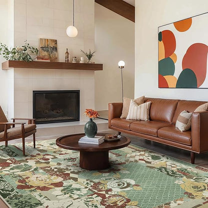 GENIMO 5X7 Floral Area Rugs for Living Room, Machine Washable Non Slip Vintage Patchwork Washable Rug, Ultra-Thin Low Pile Chenille Rugs for Bedroom, Dining Room, Celadon Green