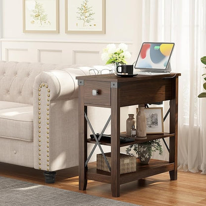 Narrow End Table with Charging Station - Farmhouse Slim Side Table Set of 2, w/USB Ports Power Outlets, Nightstand w/Flip Top Storage Drawer, for Small Spaces Living Room Bedroom, Walnut