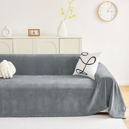 hyha Couch Cover for Dogs, Boho Sofa Covers for 3 Cushion Couch Washable, Chenille Sofa Slipcover for Pets, Soft Loveseat Sectional Couch Throw Blankets with Tassels (Grey, 88.5x150 Inch)