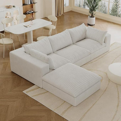 118.2" L Shaped Modular Sectional Cloud Couch with Ottoman, Plush Corduroy Upholstered Compression Sofa, 4-Seat Deep Seat Boneless Sofa Couches with Throw Pillow