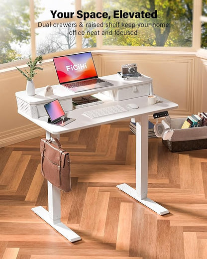 35x20 Inch Standing Desk with Double Drawers, C-Clamp Mount Compatible, Electric Adjustable Height Computer Stand Up Desks, Home Office Sit Stand Table with 3 Preset Heights & 2 Hooks, White