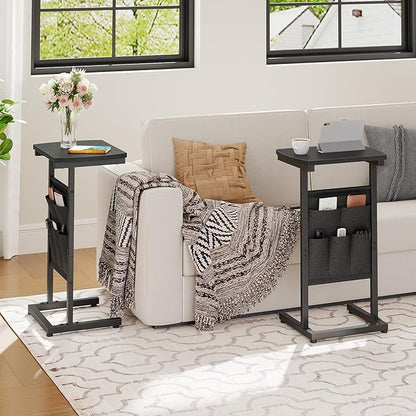 HOOBRO C Shaped End Table Set of 2, Small Side Table for Couch with Storage Bag, Slide Under Sofa, TV Tray for Small Place, Sturdy Frame, Living Room, Bedroom, Black BB40SFP201