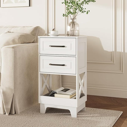 Tall Nightstand Set of 2 Side Table with 2 Drawers Modern Night Stand Wooden End Table Bedside Table with Below Open Shelf Solid Feet for Bedroom, Living Room, White