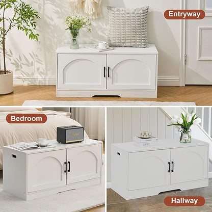 Shoe Bench, Entryway Storage Bench with 2 Doors, Shoe Rack Adjustable Shelves, Shoe Cabinet with Storage, 31.5" W x 13.8" D x 18.1" H for Entryway, Living Room, Hallway, Mudroom, Bedroom, White