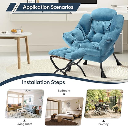 Lazy Chair with Folding Ottoman Modern Large Accent Chair,Contemporary Lounge Leisure Sofa Chair with Armrests Upholstered Sofa Armchair Reading for Bedroom,Dorm & Office(Blue-f)