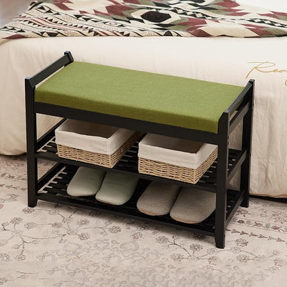 Shoe Rack Bench with Storage 27.6 in, Black Shoe Storage Bench with Cushion for Entryway, Hallway, Bedroom, Living Room