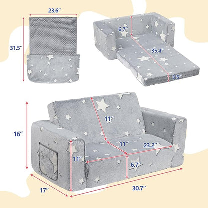 ALIMORDEN Fold Out Toddler Couch, Extra Wide Comfy 2-in-1 Cuddly Sherpa Sofa for Kids, with Removable Baby Friendly Blanket, Convertible Sofa to Bed, Star