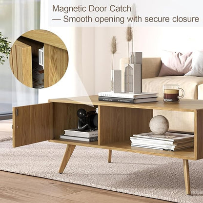 Mid Century Modern Coffee Table with Storage, Light Oak Wood Center Table with Cabinet & Open Shelf, Retro Cocktail Table for Living Room and Small Spaces