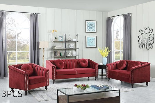 Sectional Sofa Set, Microfiber Chesterfield Upholstered Sofas Loveseat Couch Chair Sets with Style Button Tufted, Scroll Arms and Nailhead for Living Room, Office, Apartment-Red,3PCS