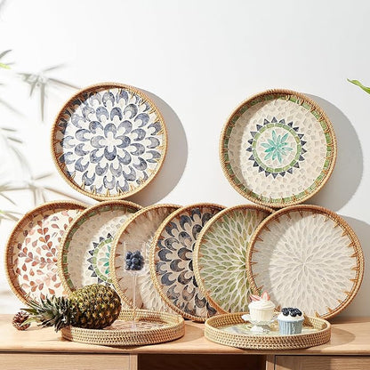 Round Rattan Tray with Mother of Pearl Inlay, Rattan Serving Tray with Wooden Base, Decorative Wicker Basket for Table Decor, Storage and Display of Coffee Bread Food Fruit (Wicker)