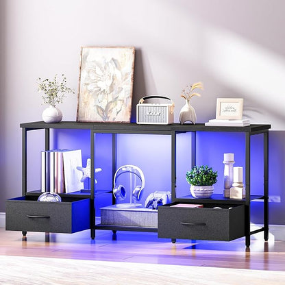 HOOBRO LED TV Stand with Storage, LED Entertainment Center with Open Shelves and Drawer, Fits TVs up to 55", Television Stand for Living Room, Bedroom, Black BB123DDS01