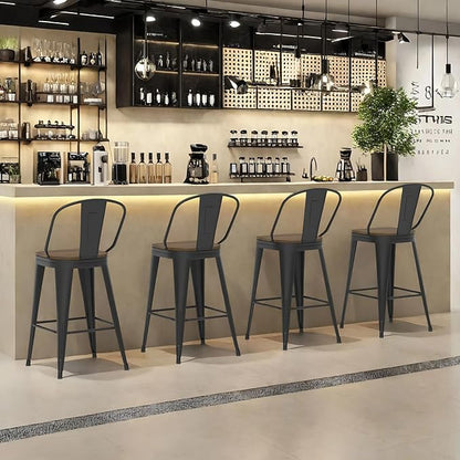 24” Swivel Bar Stools Set of 4, Counter Height Bar Stools Wooden Seat, Metal Industrial Bar Chairs with High Back for Kitchen Island (Black)