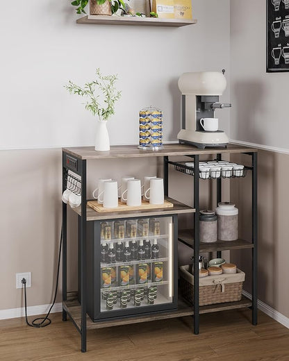 VASAGLE Baker's Rack, Coffee Bar Stand with Charging Station, Storage Shelves, Pull-Out Wire Basket, Table for Microwave, Kitchen, Greige UKKS036K02, 15.7 x 35.4 x 35.6 Inches