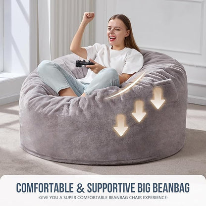 Hobestluk 4ft Bean Bag Chairs for Adults Large Beanbag Chair with Plush Faux Fur Cover Big Bean Bag Chair for Living Room Bedroom Dorm Office - Grey (44” x 44” x 24”)