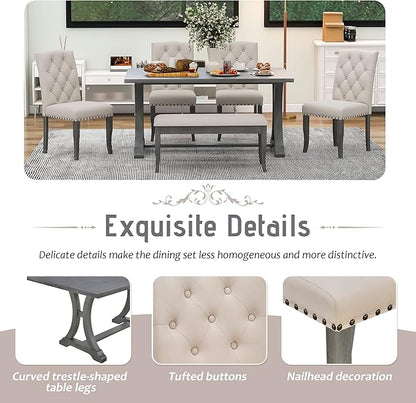 Ball & Cast Dining Table Set for 6, 60" Rectangular Dining Room Table with 4 Upholstered Chairs and 1 Bench, 6-Piece Farmhouse Dining Furniture Set with Solid Wood Legs for Kitchen,Antique Gray