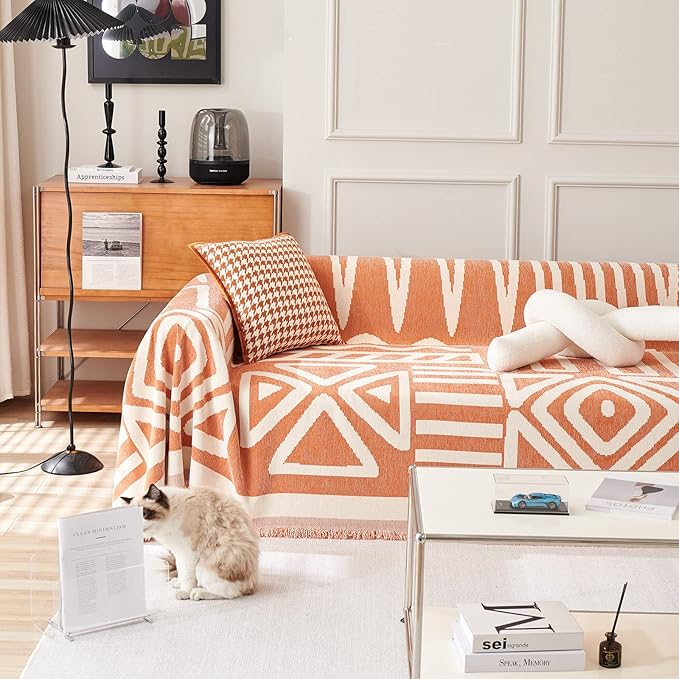 STACYPIK Thick Warm Orange Sofa Cover Armchair Slipcover Boho Geometric Couch Cover for Sectional Sofa Caramel Loveseat Cover Anti-Slip Chenille Couch Protector for 2 Cushion Couch Home Decor-71X102IN