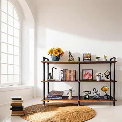 3 Tier Long Industrial Bookshelf, 3 Realwood Industrial Pipe Bookshelf for Living Room, Entry, Office (Rustic Brown, 60" L x 11.8" W x 39" H)