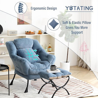 Lazy Chair with Ottoman, Comfy Reading Lounge Chair with Footstool & Throw Pillow Modern with Armrests & Side Pocket for Living Room, Bedroom, Dorm Room, Plush Light Blue
