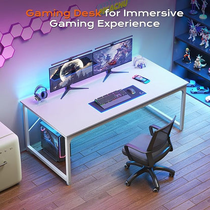 PRAISUN 63 x 29.5 Inch Computer Desk with Deeper Desktop, Gaming Office Writing Work Desk for Home Office, Study, Bedroom, Work from Home, Metal Frame, White