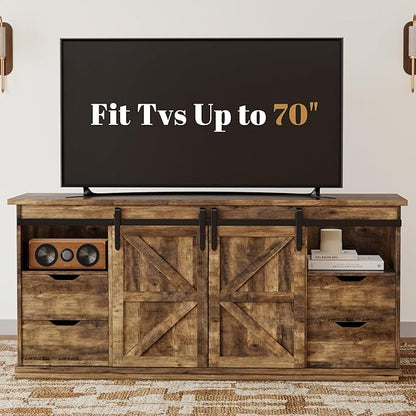 YESHOMY TV Stand for Televisions up to 65 Inchs, with Sliding Barn Doors and 4 Storage Drawers, Console Table and Media Furniture for Living Room, 58 Inch, Barnwood