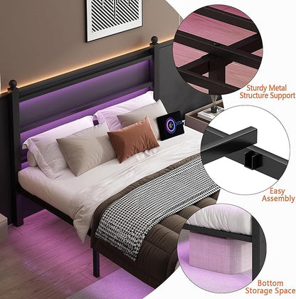 Twin Bed Frame with Headboard and Footboard,Steel Slats Support-LED Bed Frame with USB Charging Station,Mattress Foundation-Under Bed Storage,No Box Spring Needed,Noise Free,Black