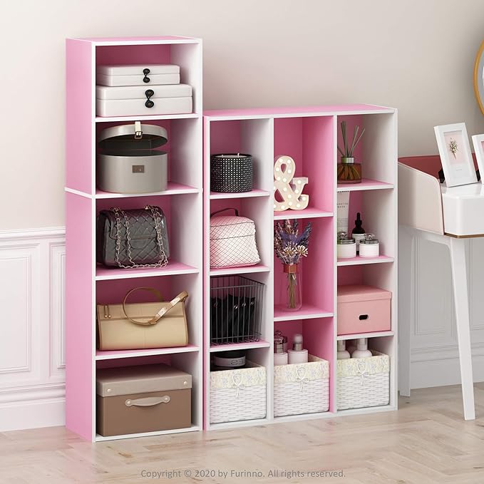 Furinno 5-Tier Reversible Color Open Shelf Bookcase , White/Pink 11055WH/PI
