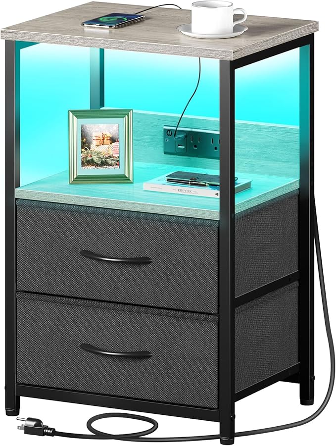 Seventable Nightstand Set of 2 with Charging Station, Bedside Table with LED Lights, Night Stand with 2 Fabric Drawers, 3-Tier Storage End Table for Bedroom, Greige