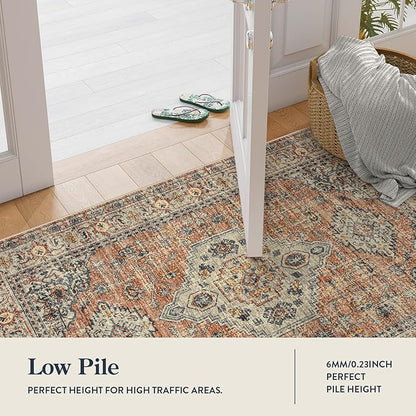 Lahome Oriental Washable Runner Rug Non Slip, 2x7 Rug Runners for Hallways Non Slip Vintage Ultra-Thin Soft Long Carpet for Kitchen Laundry Room Bedroom, Peach/Orange