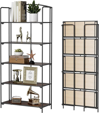 Crofy No Assembly Folding Bookshelf for Living Room, 5 Tier Black Collapsible Book Shelf for Home Office, Portable Bookcase Storage Organizer