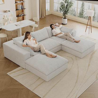 Down Filled Boneless Sectional Sofa Cloud Couch with Movable Ottomans, 118 inch Convertible U Shaped Lounge Couch w/Deep Seat, Fluffy Corduroy Upholstered Compress Modular Sofa