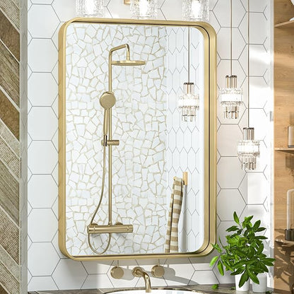 TokeShimi 20 x 30 Inch Gold Bathroom Wall Mirror Vanity Metal Frame Round Corner Rectangular for Home Decor Living Room Entryway (Horizontal/Vertical)
