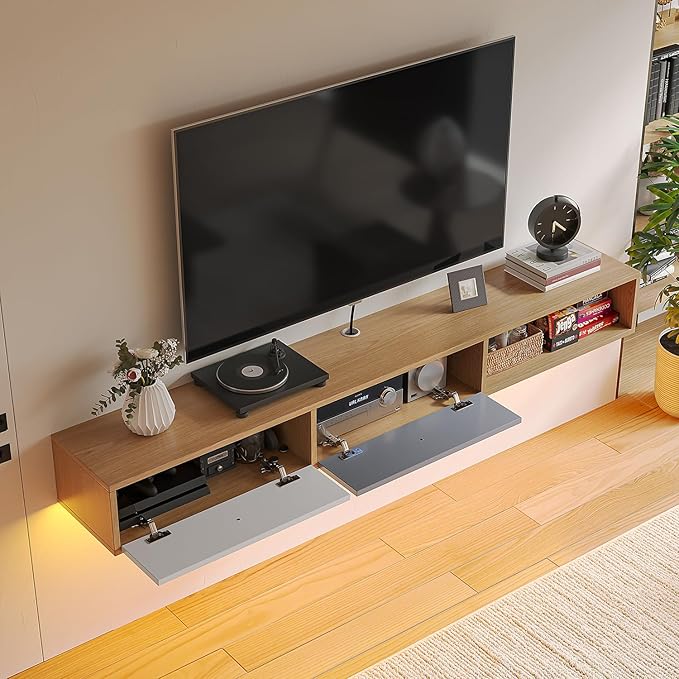 Modern Floating TV Stand with Doors, 47 Inch Wall Mounted TV Console,Floating Media Console Cabinet Under TV Shelf for Living Room Bedroom,Natural