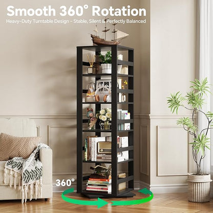 Homykic Rotating Bookshelf, Bamboo 360 Display Spinning Bookshelf Tower, 5-Tier Small Corner Bookcase for Small Spaces, Narrow Revolving Book Shelf Organizer Rack for Home Office, Black