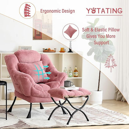 Lazy Chair with Ottoman, Comfy Reading Lounge Chair with Footstool & Throw Pillow Modern with Armrests & Side Pocket for Living Room, Bedroom, Dorm Room, Plush Dark Pink
