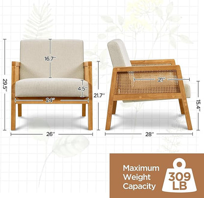 Yaheetech Beige Accent Chair, Armchair with Wood Legs, Mid Century Living Room Chair, Linen Fabric Lounge Chair for Bedroom Reading Room, Beige