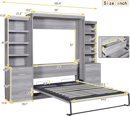 Full Size Murphy Bed with Storage Shelves and Drawers,Easy Fold Wood Wall Bed, Space-Saving Murphy Bed Cabinet for Guest Room Home Office,Gray