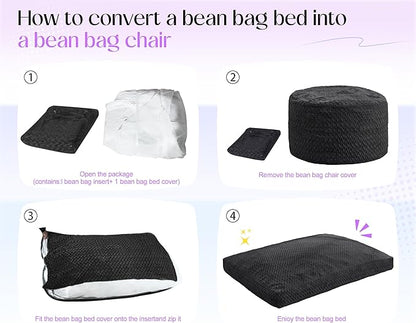 Hobestluk Bean Bag Chair Convertible Beanbag Chairs for Adults, 3 in 1 Bean Bags with Plush Chevron Cover, Adult Bean Bag Chair for Living Room, Bedroom (Black, Queen)