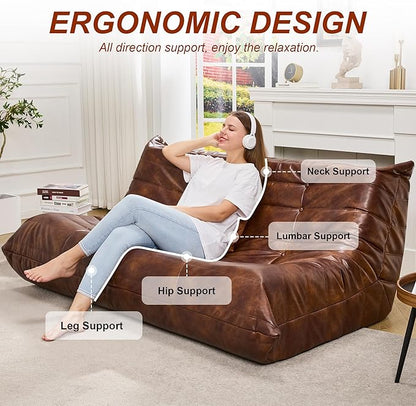 Hobestluk Bean Bag Chair Giant Bean Bag Sofa 3 Seater Bean Bag Chairs for Adults, Loveseat Floor Chair, Leather Bean Bag Chairs for Living Room Bedroom Office (Brown, 3-Seater)