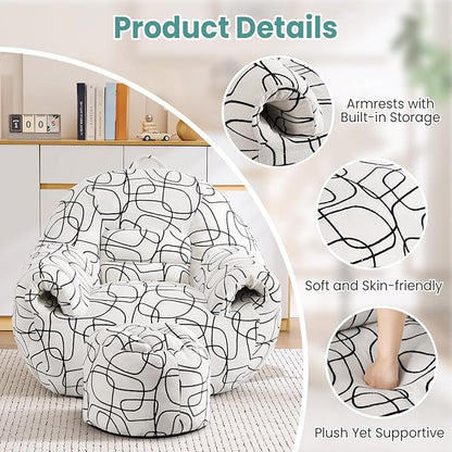 DAICO Bean Bag Chairs for Adults Comfy Accent Chair with Ottoman Floor Sofa Beanbag Couch with Armrests White Single Lazy Sofas with Foam for Living Room Reading Bedroom Gaming (Stripe Pattern)