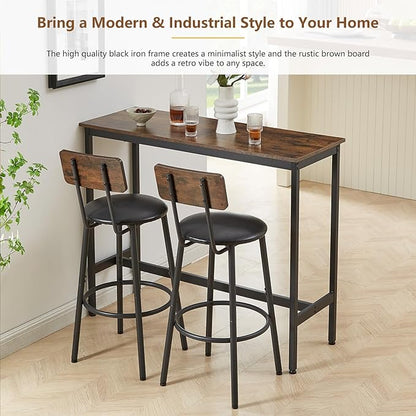 Tatub Bar Table with Stools Set of 2, Industrial 3 Piece Counter Height Small Dining Sofa Table and Chairs Set of 2, Brown