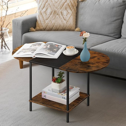 OYEAL Small Round Coffee Table for Living Room Farmhouse Oval Center Table Circular Coffee Table with 2-Layer Storage and Opening Shelf for Display,Small Space,Home Office,Black & Brown