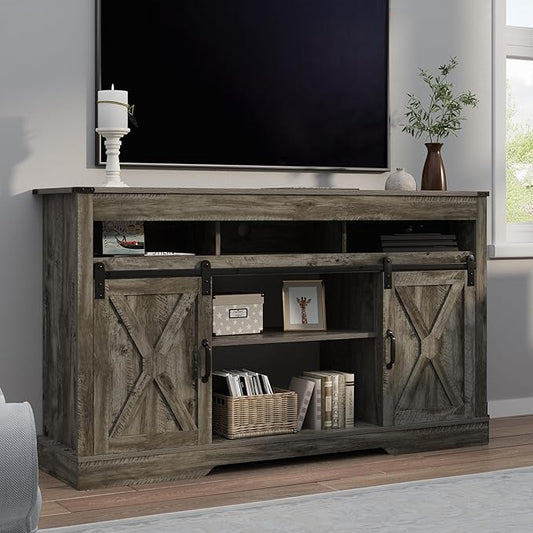 RoyalCraft Farmhouse TV Stand for 23" Electric Fireplace, 34'' Tall Entertainment Center for 65+ Inch TV, 34" Tall Rustic TV Console with Sliding Bar Door for Living Room (Light Grey)