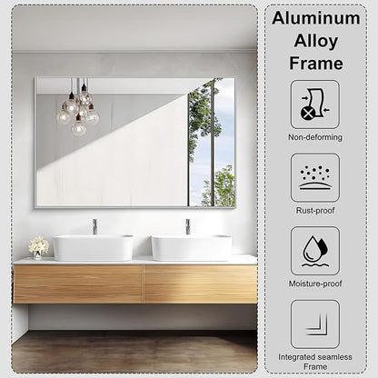KOCUUY Large Silver Bathroom Mirror, 55x36 inch Rectangular Mirror for Bathroom Sink, Oversized Mirror with Metal Brushed Nickel Frame for Living Room, Farmhouse, Entryway, Hang Horizontal/Vertical