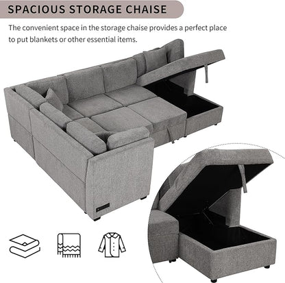 Ball & Cast 108.6" Sleeper Sectional Pull Out Sofa with 2 USB Ports,Two Power Sockets,Versatile U-Shape Couch w/ 3 Back Pillows and Storage Chaise,for Living Room,Office,Apartment,Light Gray