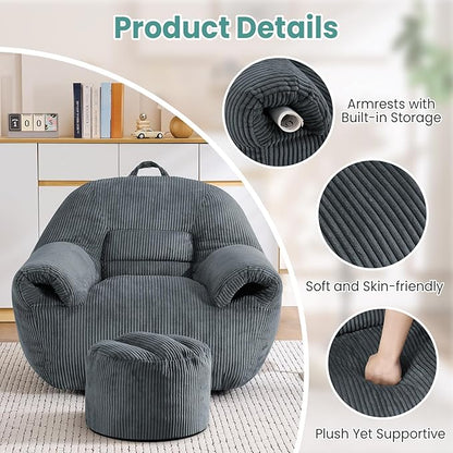 DAICO Bean Bag Chairs for Adults Beanbag Sofa with Ottoman Comfy Accent Chair with Armrests Corduroy Couch with Foam Single Lazy Sofas for Living Room Reading Bedroom Gaming Office Dark Gray