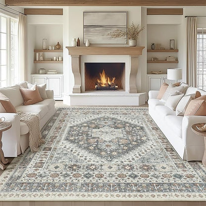zesthome 8x10 Area Rugs for Living Room,Non-Slip Backing Washable Rugs,Vintage Large Area Rug，Stain Resistant Home Decor Rug (Grey/Orange,8'x10')